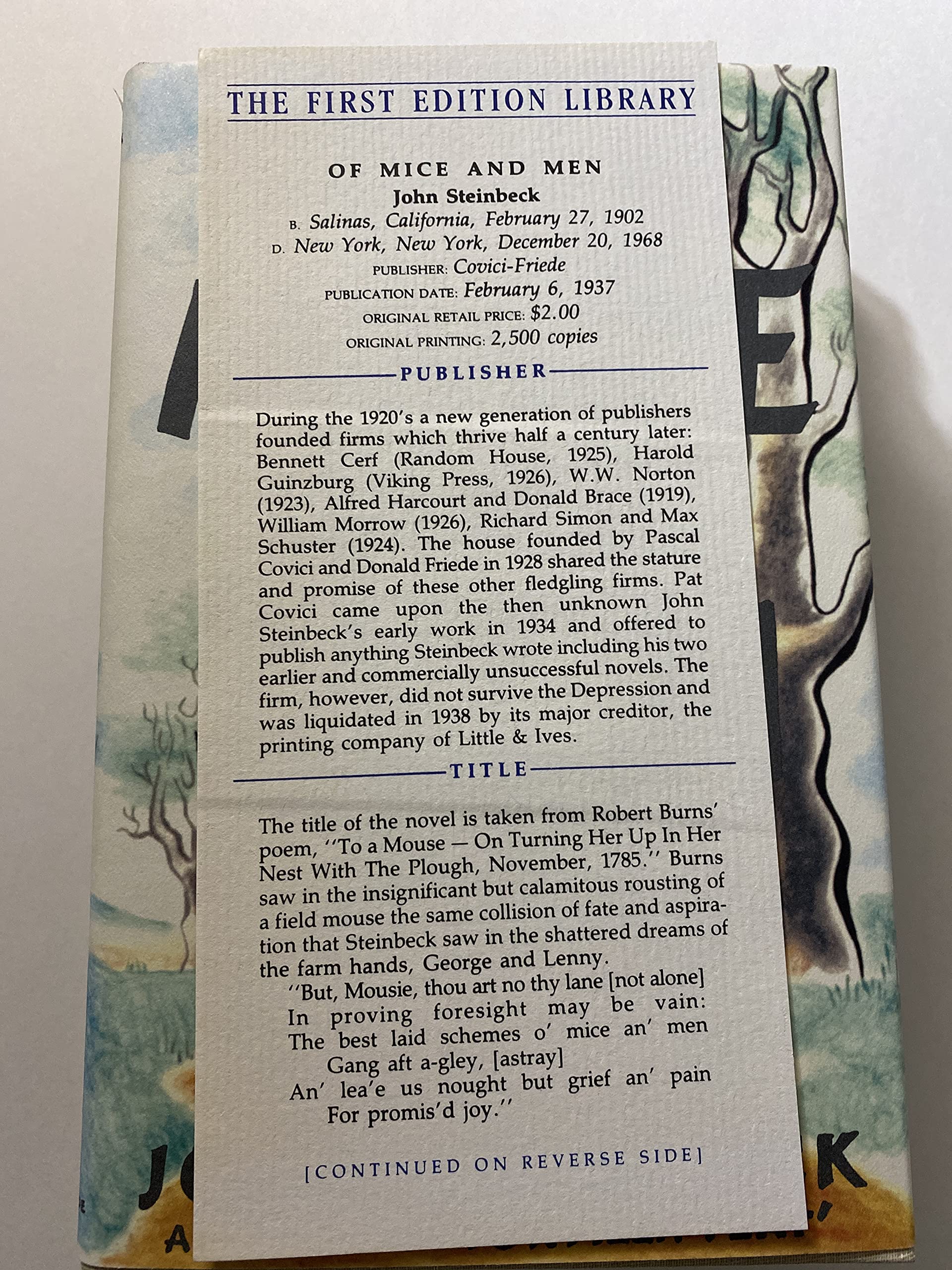 Of Mice and Men by John Steinbeck 1937 First Edition; Covici Friede, NY used book depot