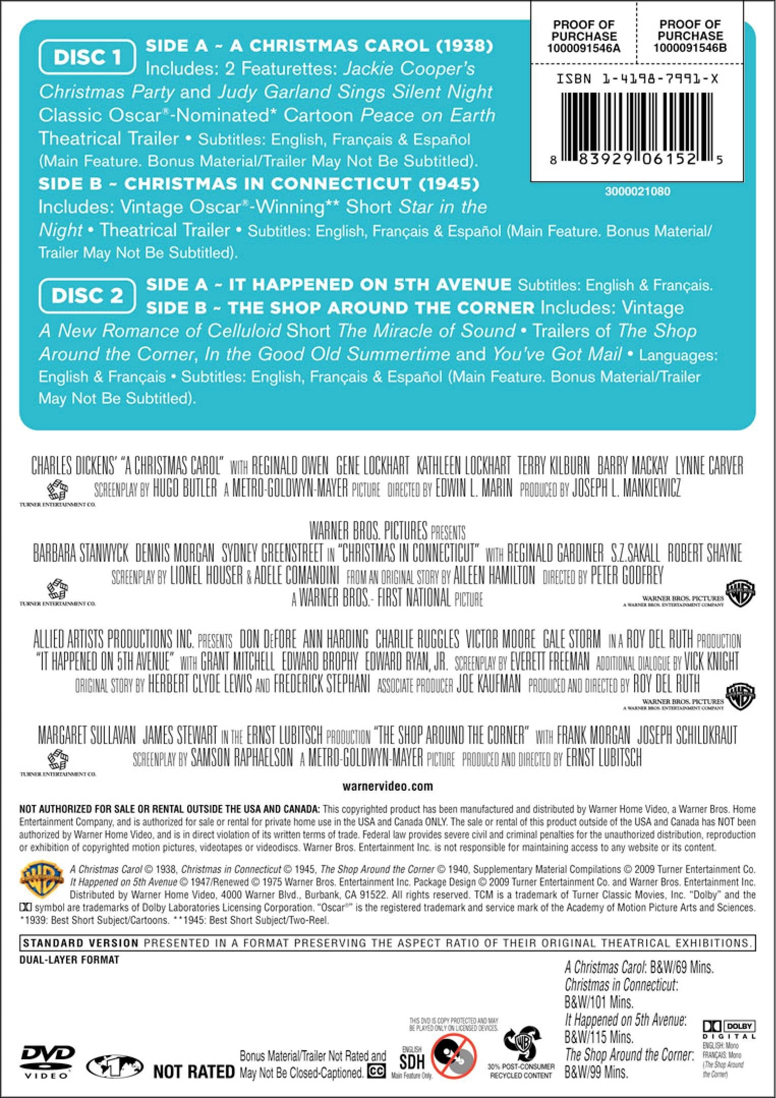 TCM Greatest Classic Films Collection: Holiday (Christmas in Connecticut / A Christmas Carol 1938 / The Shop Around the Corner / It Happened on 5th Avenue) used book depot
