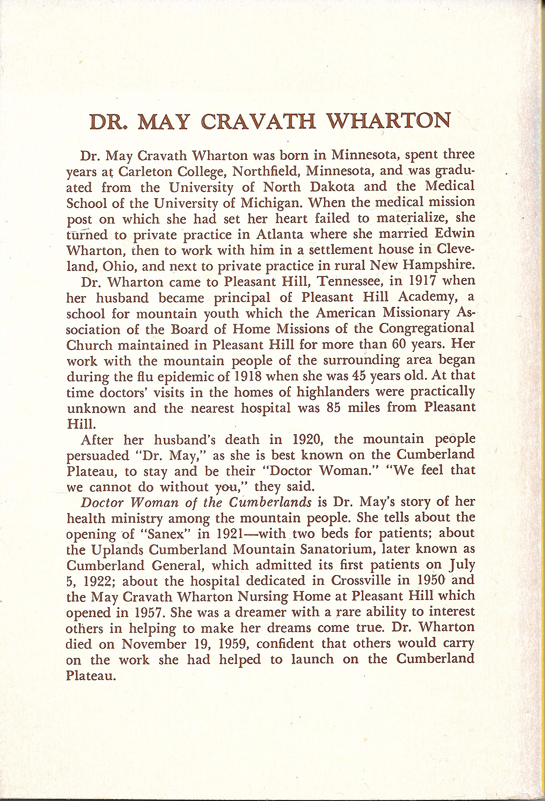 DOCTOR WOMAN OF THE CUMBERLANDS The Autobiography of May Cravath Wharton, M. D. used book depot