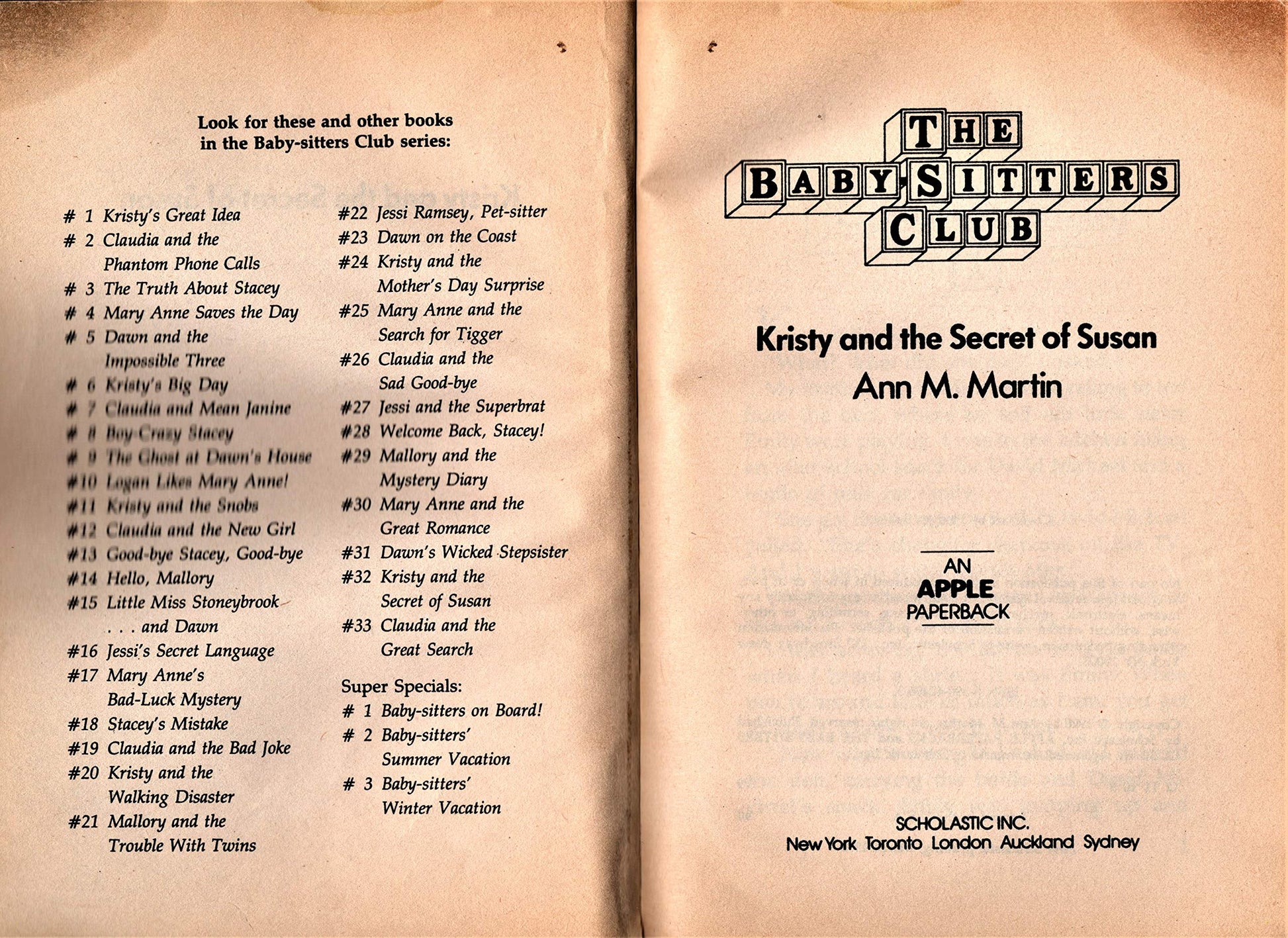Kristy and the Secret of Susan (Baby-Sitters Club, 32) used book depot