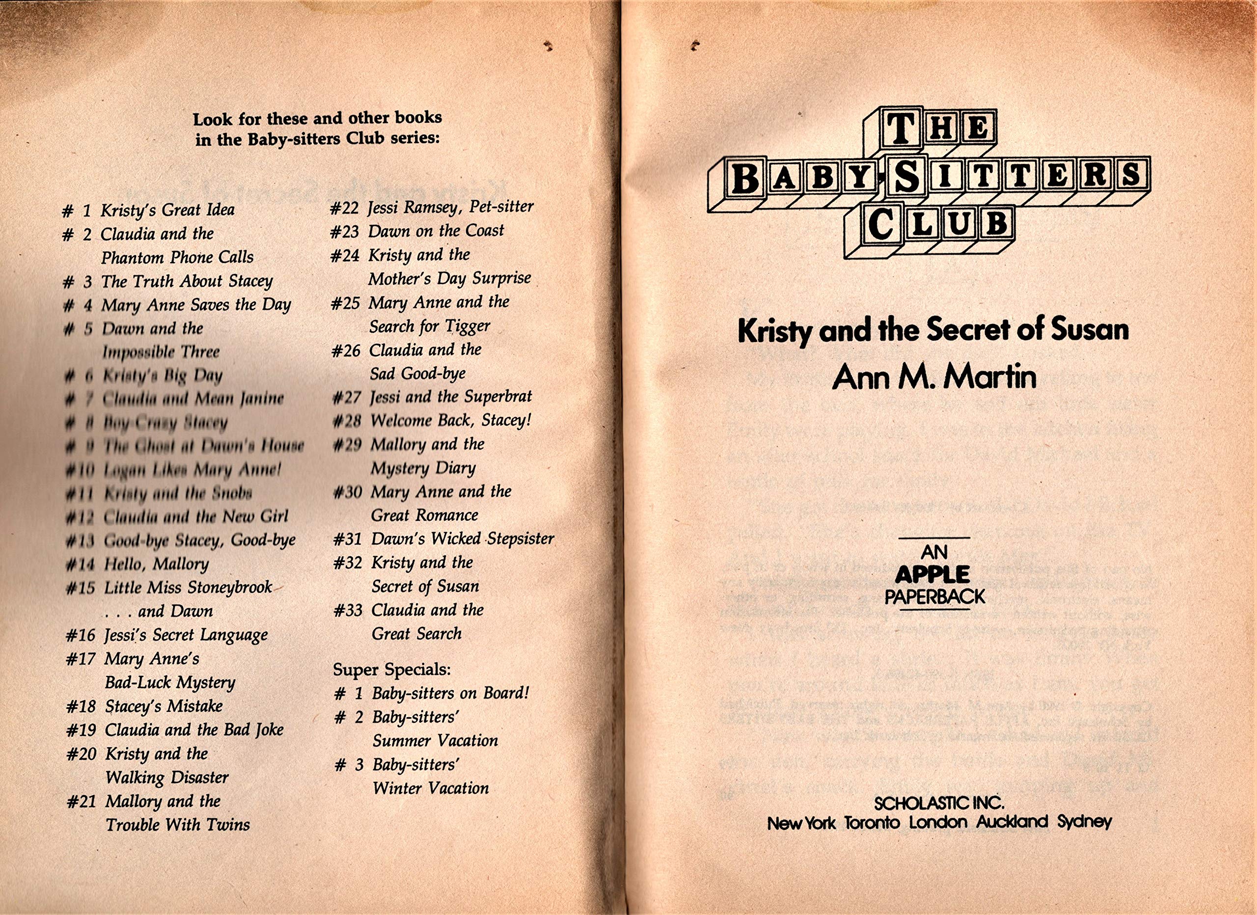 Kristy and the Secret of Susan (Baby-Sitters Club, 32) used book depot
