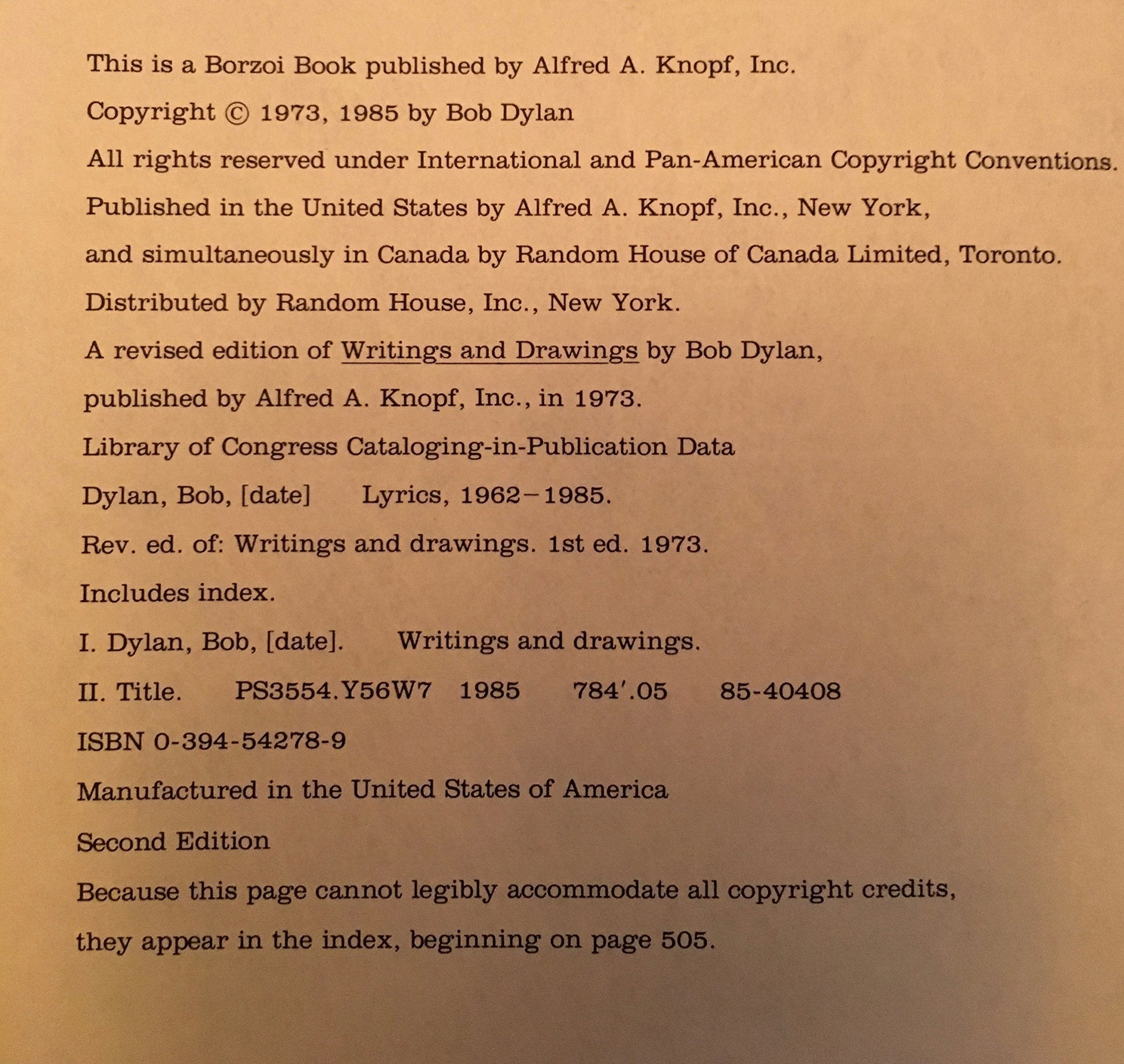Bob Dylan: Lyrics, 1962-1985- Includes All of Writings and Drawings used book depot