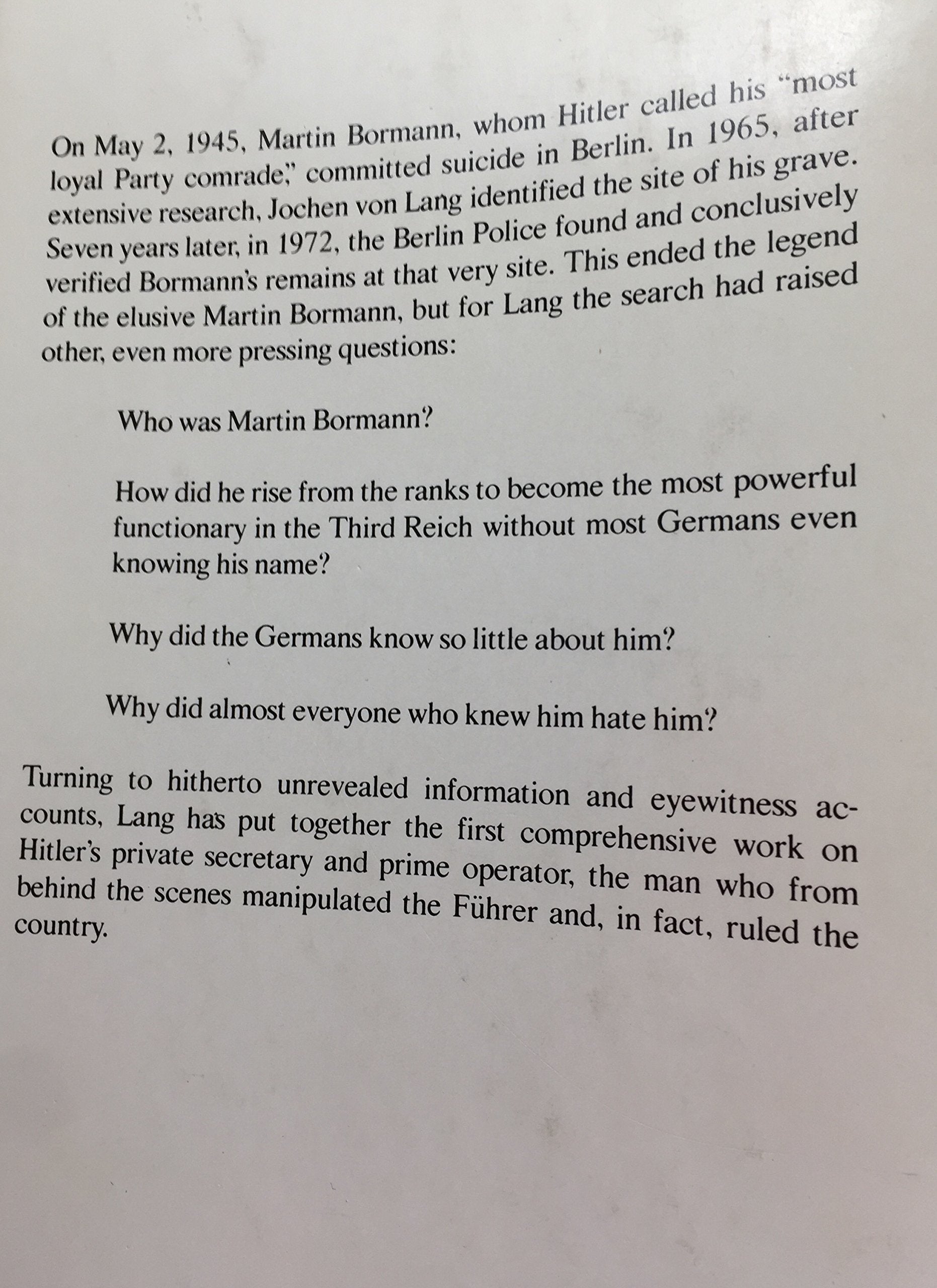 The Secretary: Martin Bormann, the Man Who Manipulated Hitler (English and German Edition) used book depot