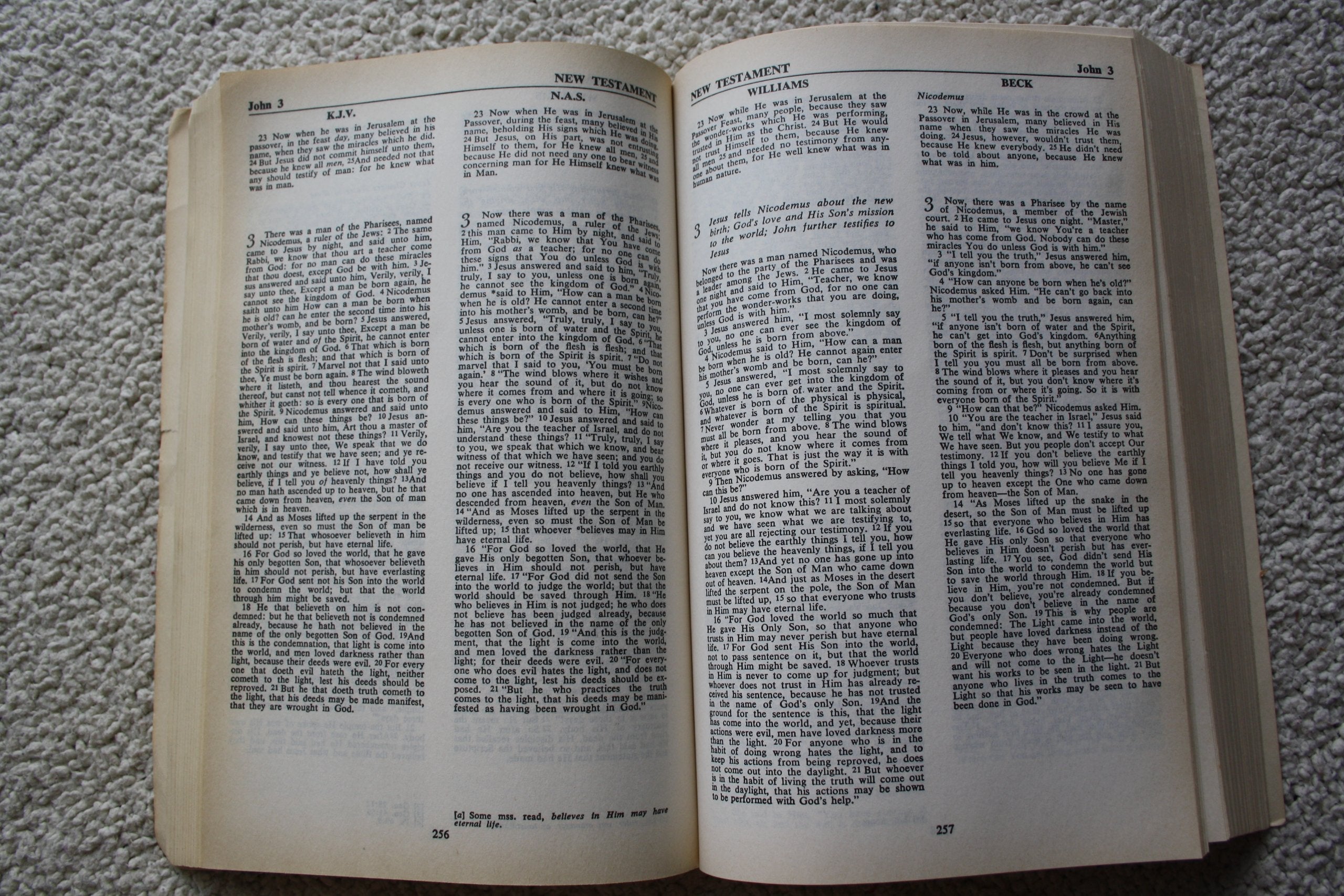 The Four Translation New Testament: King James Version; New American Standard Bible; New Testament in the Language of the People; New Testament in the Language of Today: Parallel Edition (196 used book depot