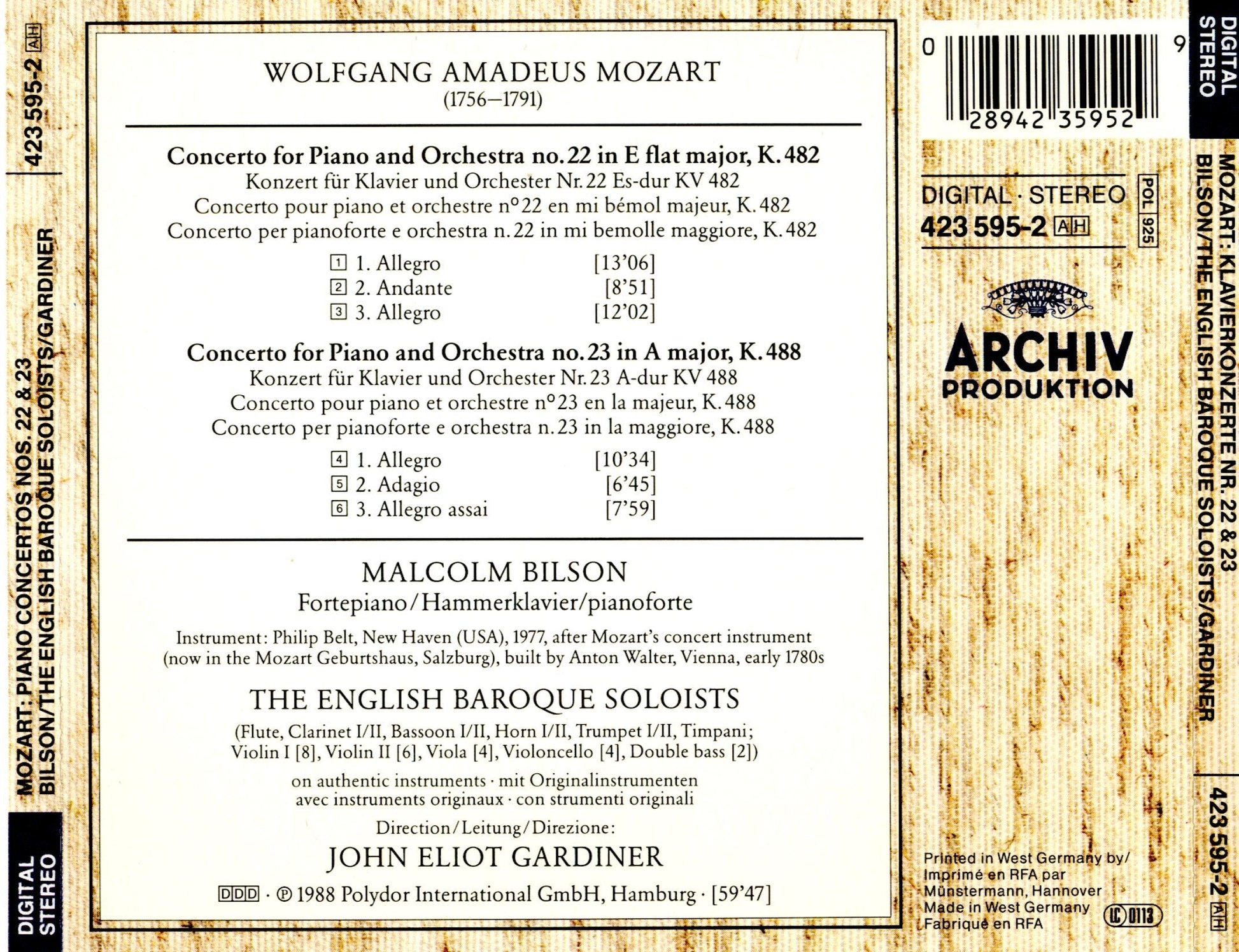 Wolfgang Amadeus Mozart: Piano Concertos Nos. 22 & 23 - Malcolm Bilson / English Baroque Soloists / John Eliot Gardiner used book depot