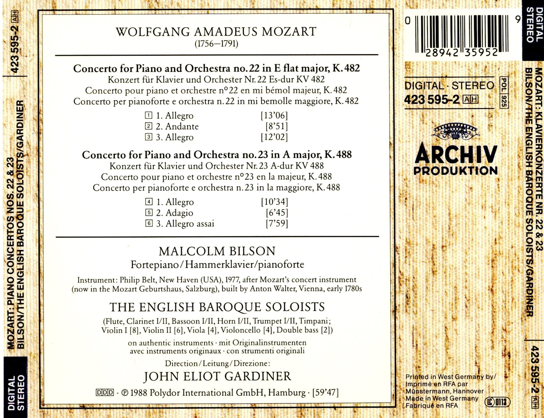 Wolfgang Amadeus Mozart: Piano Concertos Nos. 22 & 23 - Malcolm Bilson / English Baroque Soloists / John Eliot Gardiner used book depot